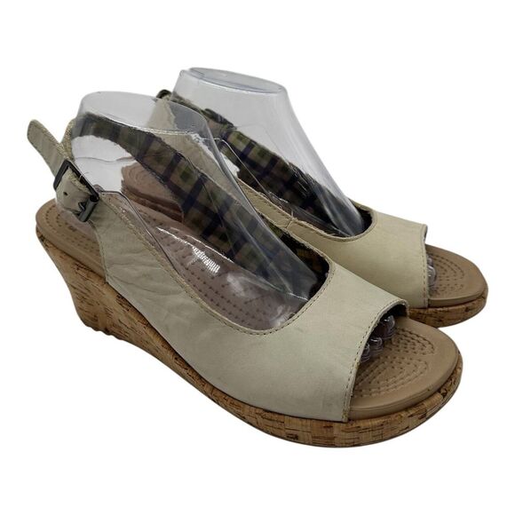Crocs A-Leigh Cork Wedge Sandals Women 10 Cream White Leather Slingback Peep Toe - Picture 1 of 11